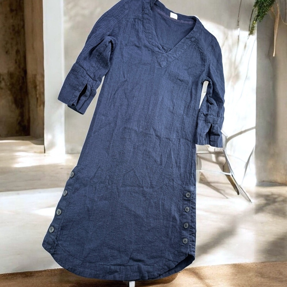 Poetry Dress Women 2 Blue Linen Cotton Gauze Side Button V Neck Tunic Shift Boho